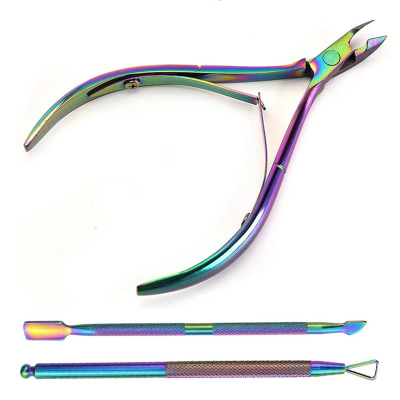 Manicure Nail Tool Hot Sale Rainbow Color Nail Salon DIY 3Pcs/set Dual-ended Stainless Steel Nail Cuticle Pusher Scissor Set