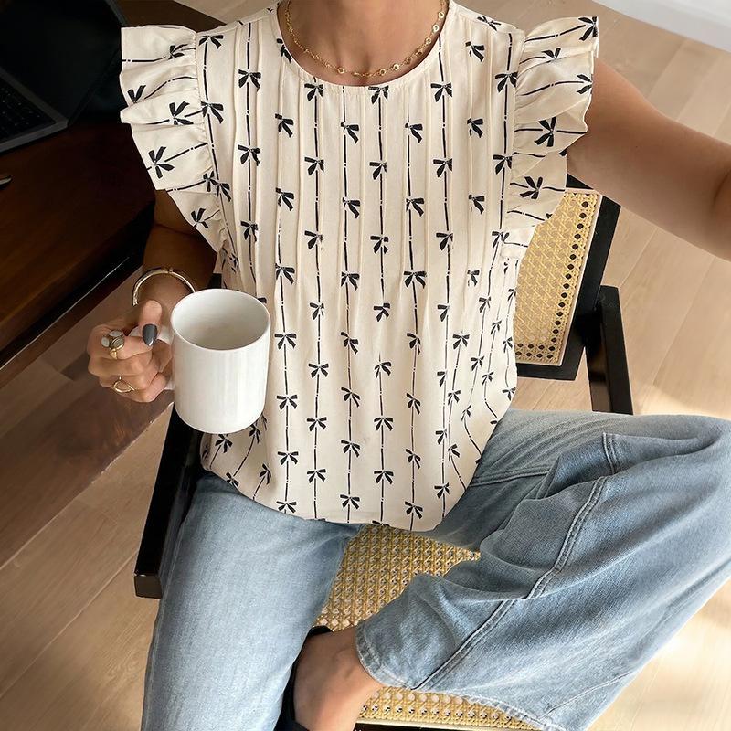 Women's Bow Peplum Tops Summer Vacation Outfits Cute Ruched Ruffle Sleeve Babydoll Blouse Flowy Shirt