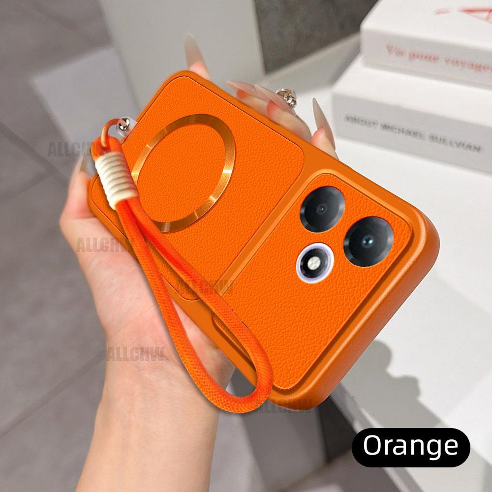 For Infinix Hot 30 Play For Magsafe Wireless Charging Case For Infinix Hot 30 Play With Lanyard PU Lambskin Cover