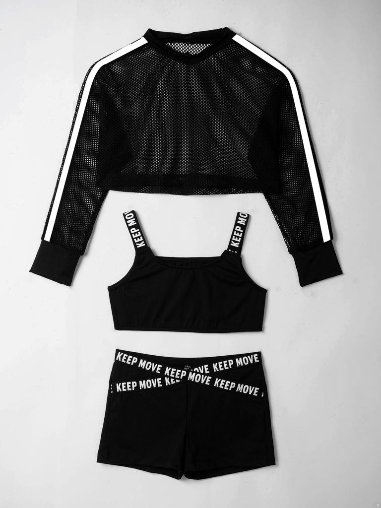 Kids Girls 3Pcs Jazz Hip Hop Dance Outfits Short Net Blouse with Tank Top and Booty Shorts Workout Suit