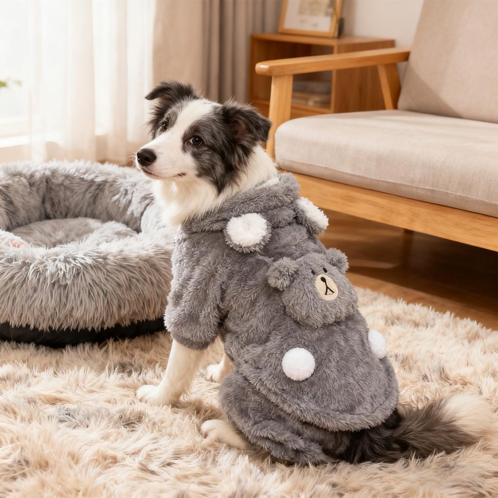 Одежда для домашних собак, на флисовой подкладке и утепленная для зимы, одежда на четырех лапах с капюшоном и принтом медведя для маленьких собак, таких как тедди и бишон, одежда для домашних животных