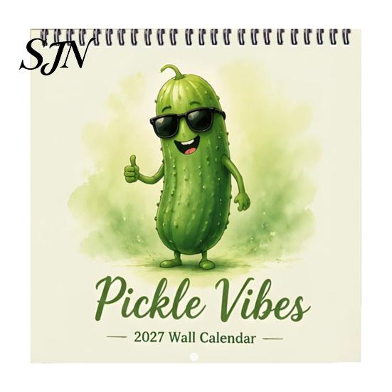 Thick Paper Monthly Organizer Pickle Wall Calendar 2027, Funny Pickled Cucumber Illustrations 12 Student Study Room Month Planner, Spiral Bound