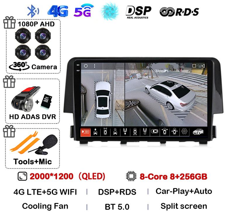 Android 14 Беспроводной Carplay Auto Для Honda Civic 2016 2017 2018 2019 2020 Автомагнитола Стерео Мультимедийный Плеер GPS 4G+WIFI DSP