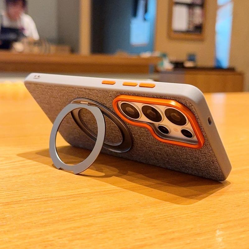 Linen Fabric Case for Samsung S26 Ultra S25 Plus S24 Ultra Magnetic Rotating Stand Metal Buttons Shockproof Soft Edge Cover