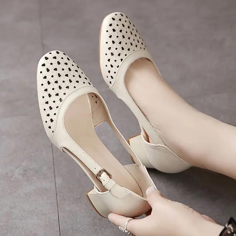 Women's Shoes with Medium Heels Summer 2024 Closed Sandals for Woman Leather Footwear Office Work Square Beige Daily Comfort F H