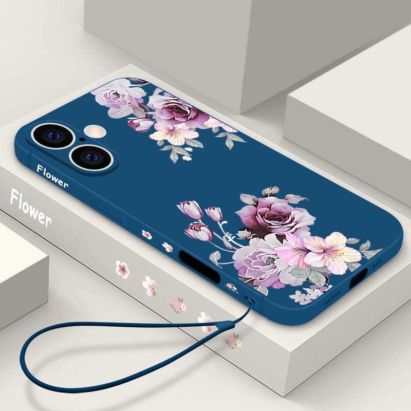 Фиолетовый цветочный узор Ударопрочный чехол для iPhone 16 17 Pro Max 15 Pro 14 13 12 11 Ремешок TPU Защита объектива Матовый мягкий чехол для телефона