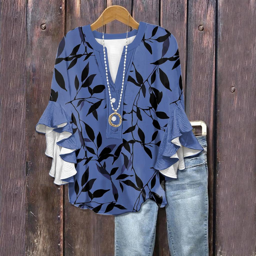 Летние топы для женщин, симпатичные блузки с V-образным вырезом и рукавом 3/4, повседневные рубашки с цветочным принтом