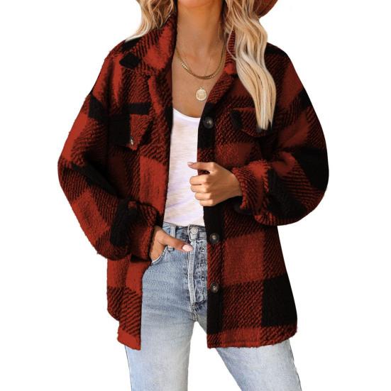Fall Winter Women Jacket with Fake Pockets Contrast Color Plaid Print Plus Size