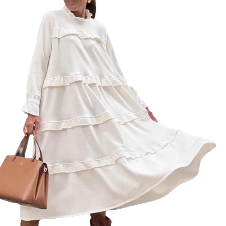 2025 Spring and Summer New Women's Clothing Long-sleeved Splicing Round Neck Ruffle Edge Dress