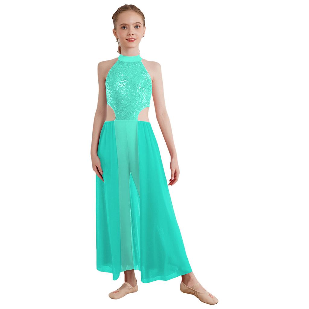 Девочки Блестящие Пайетки Халтер Без рукавов С открытой спиной Юбка Комбинезон Латиноамериканский Танец Костюм для выступления