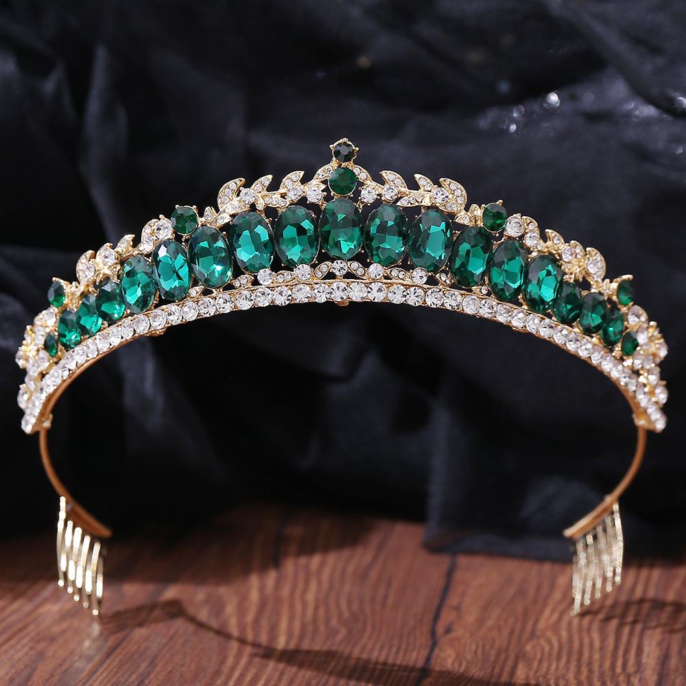 Baroque Luxury Queen Green Crystal Crown Bride Tiara Wedding New Women Korean Princess Headpiece Hair Jewelry Accessories