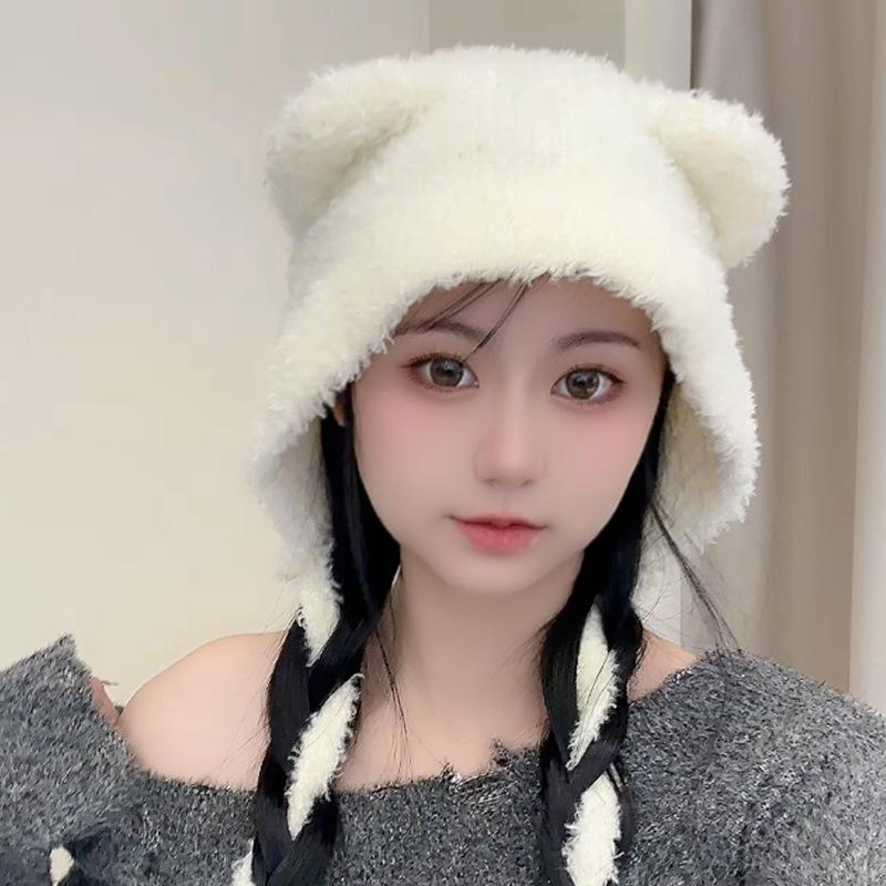 Плюшевая шапка для женщин на зиму теплая шапка с защитой ушей на шнуровке в стиле «медведь», шапка в стиле Лэй Фэн, подчеркивающая лицо, маленькая шерстяная шапка, трендовая
