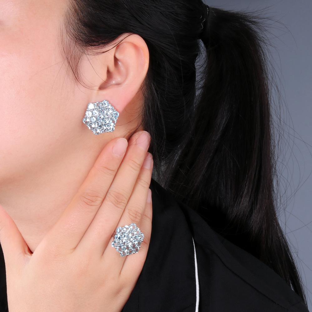 925 Sterling Silver Big Jewelry Set Natural Sky Blue Topaz Gemstone Earrings Rings Pendants for Women Mom Wife Nice Gift