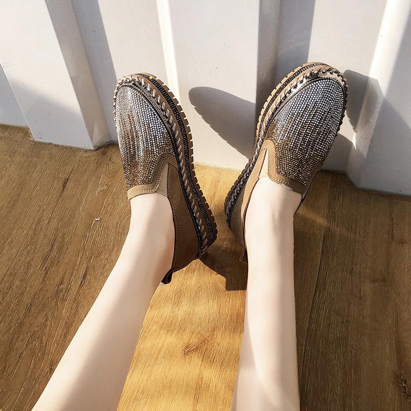 Женские мокасины с блестками и кристаллами, модная повседневная обувь на платформе, обувь без шнуровки