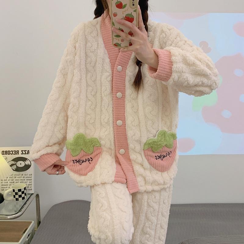 Женская осенне-зимняя жаккардовая пижама из кораллового флиса, милый кардиган с V-образным вырезом, толстая и уютная домашняя одежда