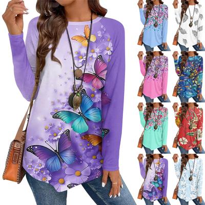 Женская повседневная футболка большого размера с длинными рукавами и круглым вырезом, винтажный этнический принт, топ-пуловер