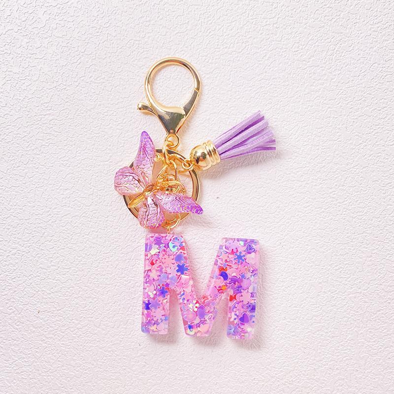 Able Purple Letter Keychain Sequin Butterfly Tassel Pendant Keychain Exquisite Backpack Decoration Accessories Gifts