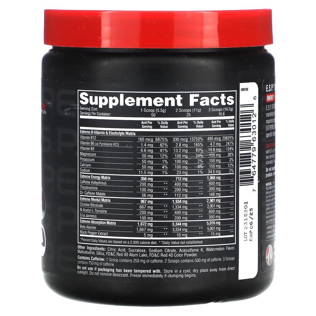 Metabolic Nutrition ESESP Extreme Energy Stimulant Pre-Workout, Watermelon Flavor, 10 Oz (275 G)