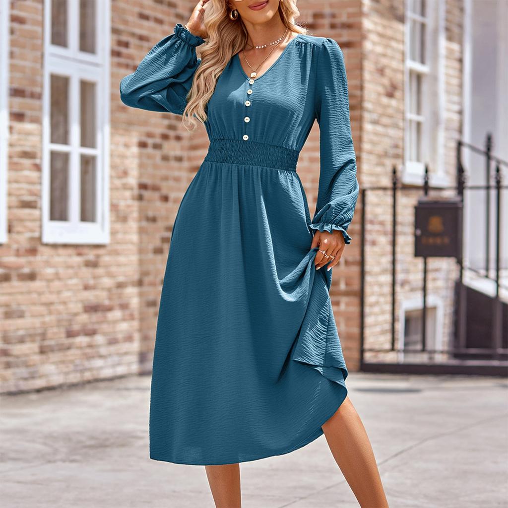 Женское повседневное и модное осенне-зимнее однотонное платье средней длины с v-образным вырезом и поясом