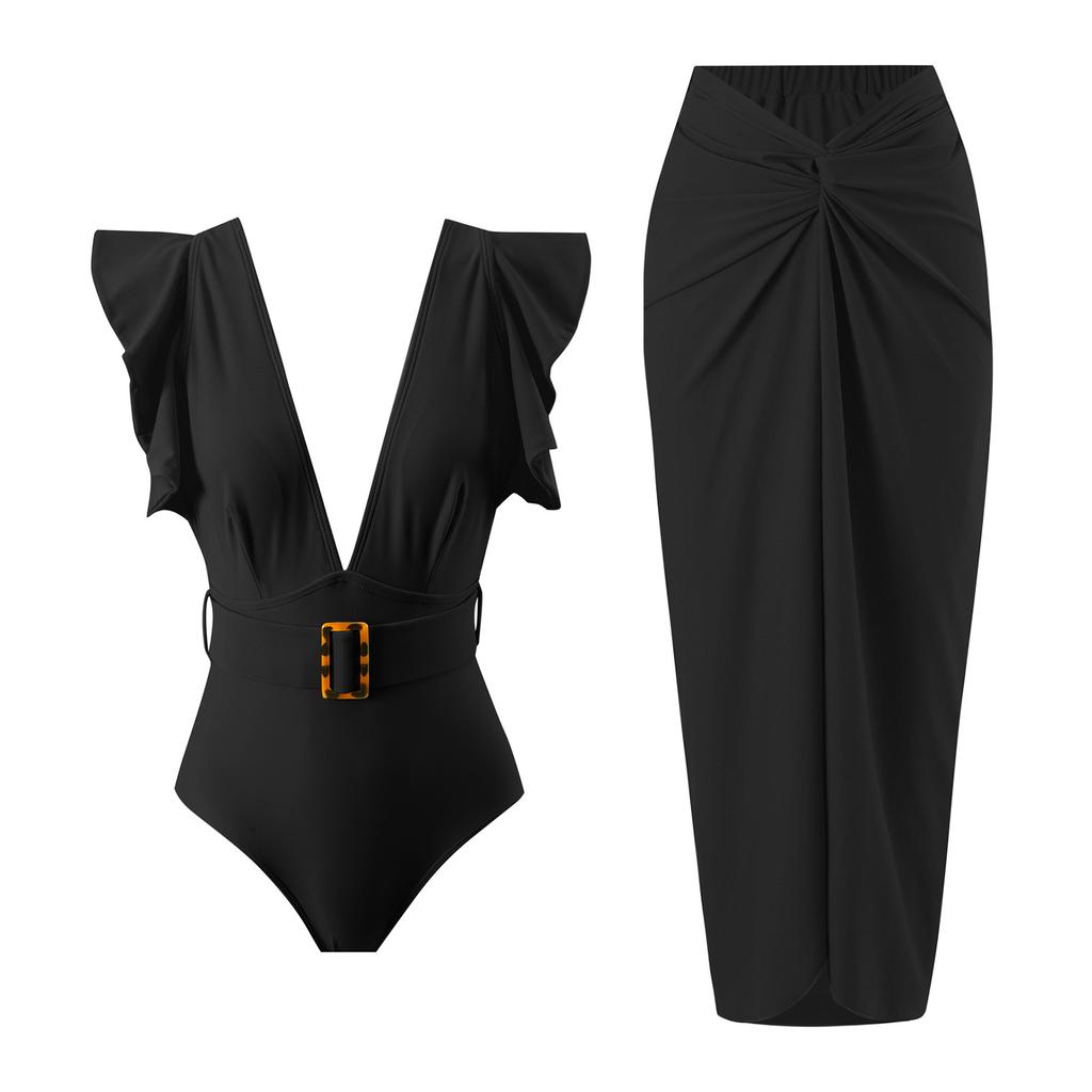 New Two-piece Solid Color Nylon Swimsuit Female One-piece Zipper Swimsuit Set