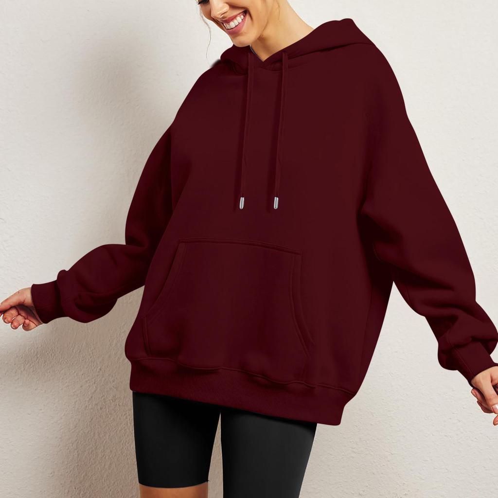 European 2023 Women's Autumn/Winter Plus Velvet Solid Color Loose Hooded Sweatshirt