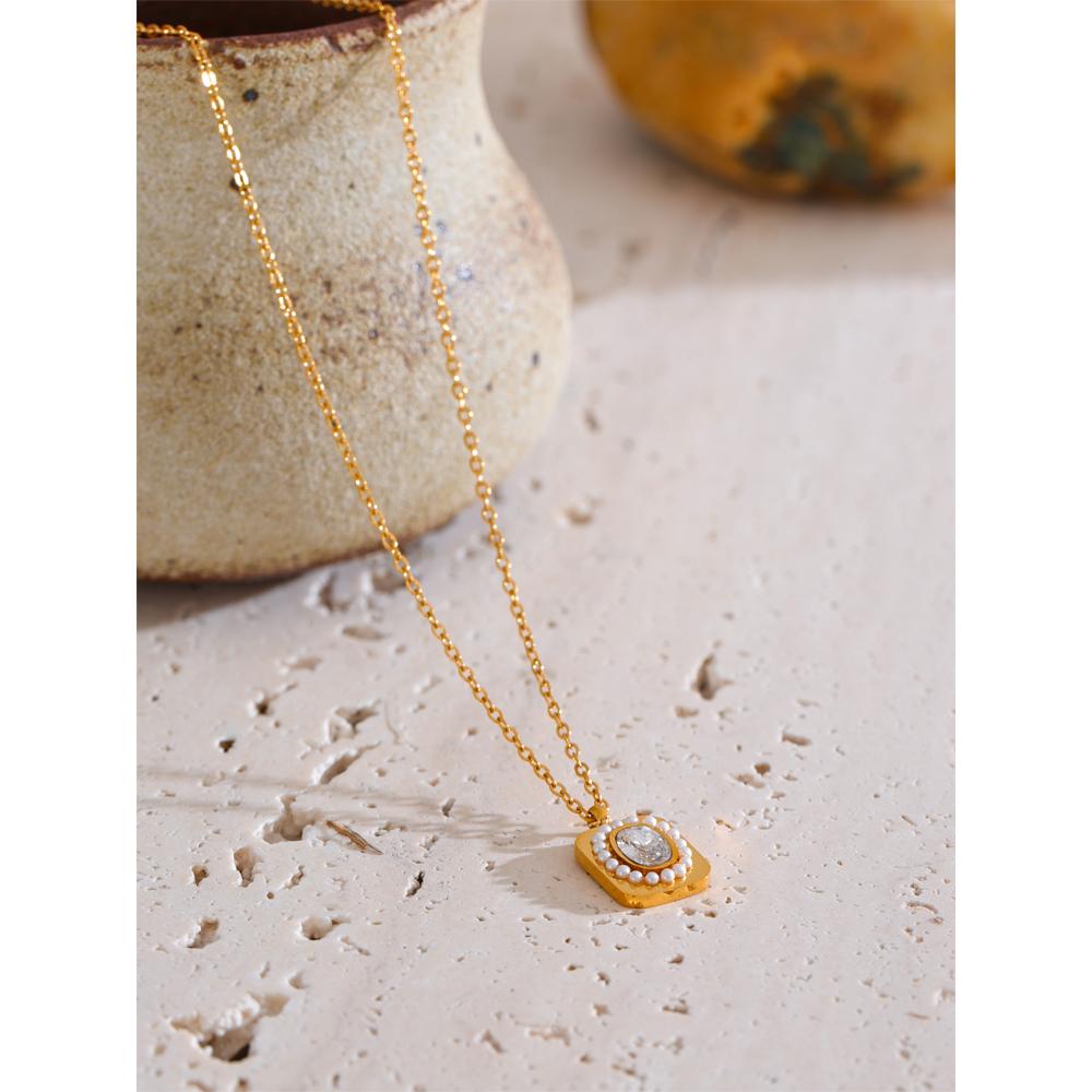 Yhpup Exquisite Pearls Zirconia Square Pendant Chic Necklace for Women Stainless Steel Popular Temperament Charm Jewelry Gift