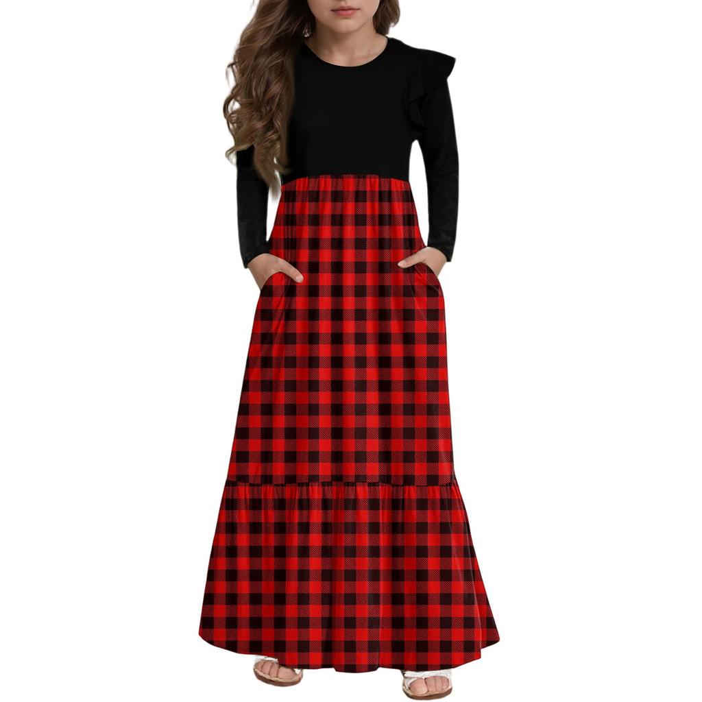 Mädchen Stufenkleid mit Rüschen - Langärmeliges bedrucktes Maxi mit Taschen