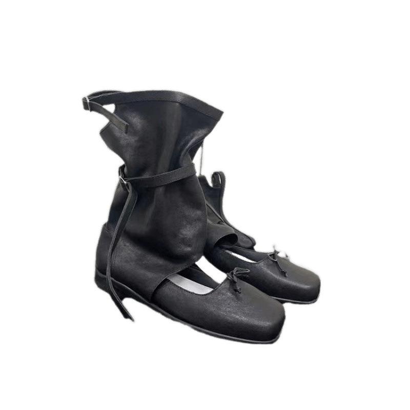 Корейская нишевая балетная крутая обувь женские новые короткие ботинки с круглым носком и бантом полые западные ботинки с мехом