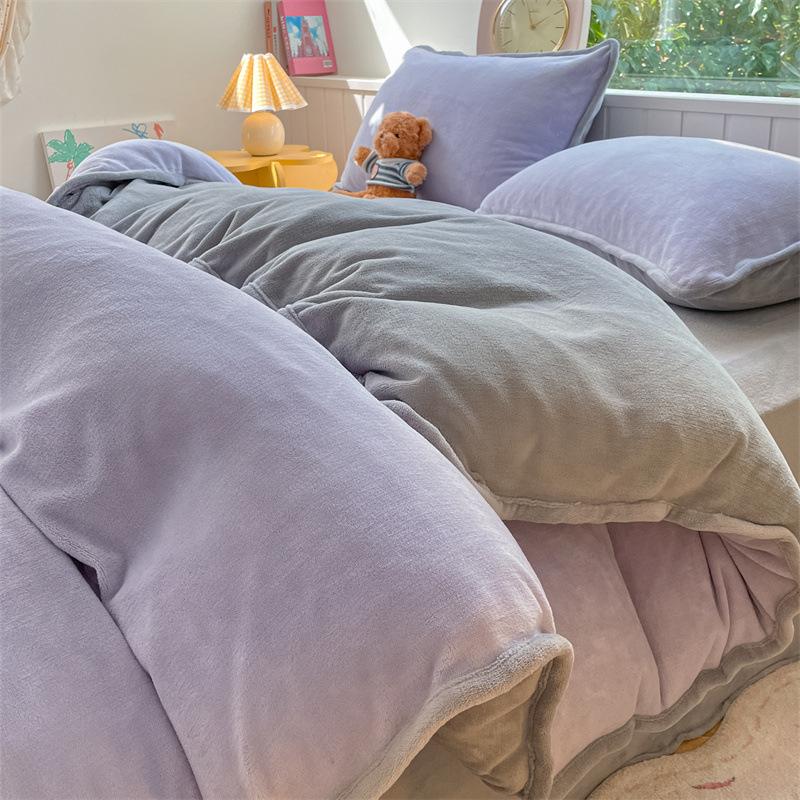 Thickened Milk Fleece Four-Piece Set, Solid Color Coral Fleece Bed Sheet Quilt Cover, Fleece Bedding Three-Piece Set