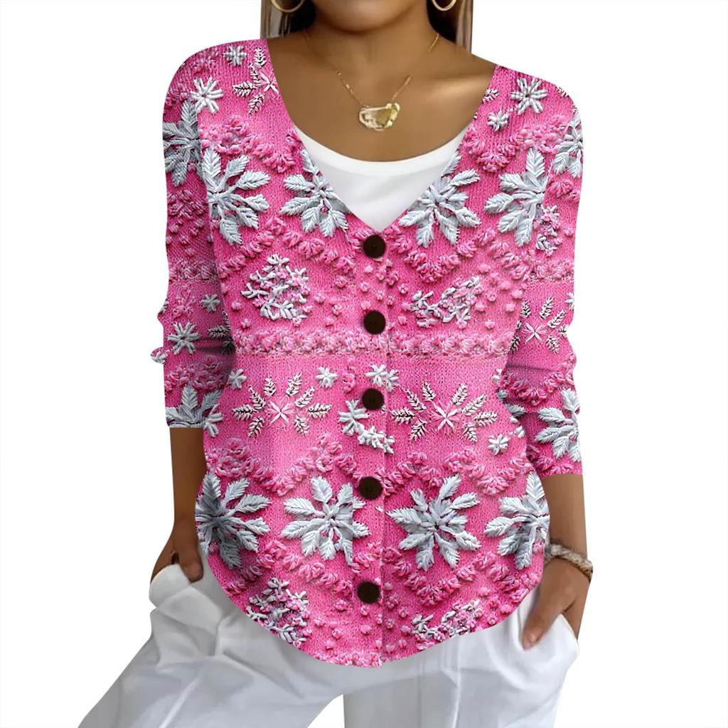 Women's Fashion Casual Knit Sweater Button-Up Christmas Print Cardigan Jacket