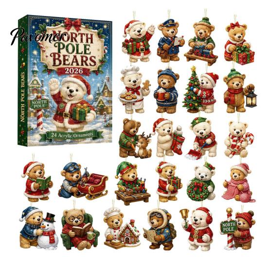 Christmas Wall Decorations Animal Advent Calendar, 24-Days Acrylic 2D Ornament Set with Cute Festive Countdown Box Dog/Cat/Bear Designs, Gift