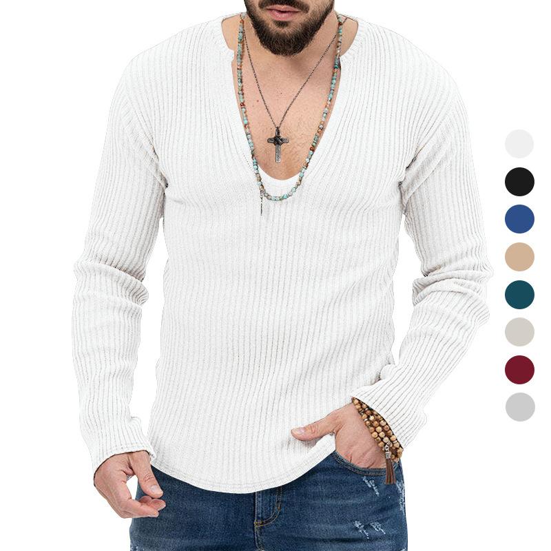 Men's V-Neck Ribbed Long Sleeve Knit Sweater, Slim Fit Casual Pullover, Multiple Color Options