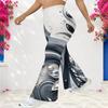 Women Plus Size High Waist Full Length Black White Grey Printed Flared Pants
