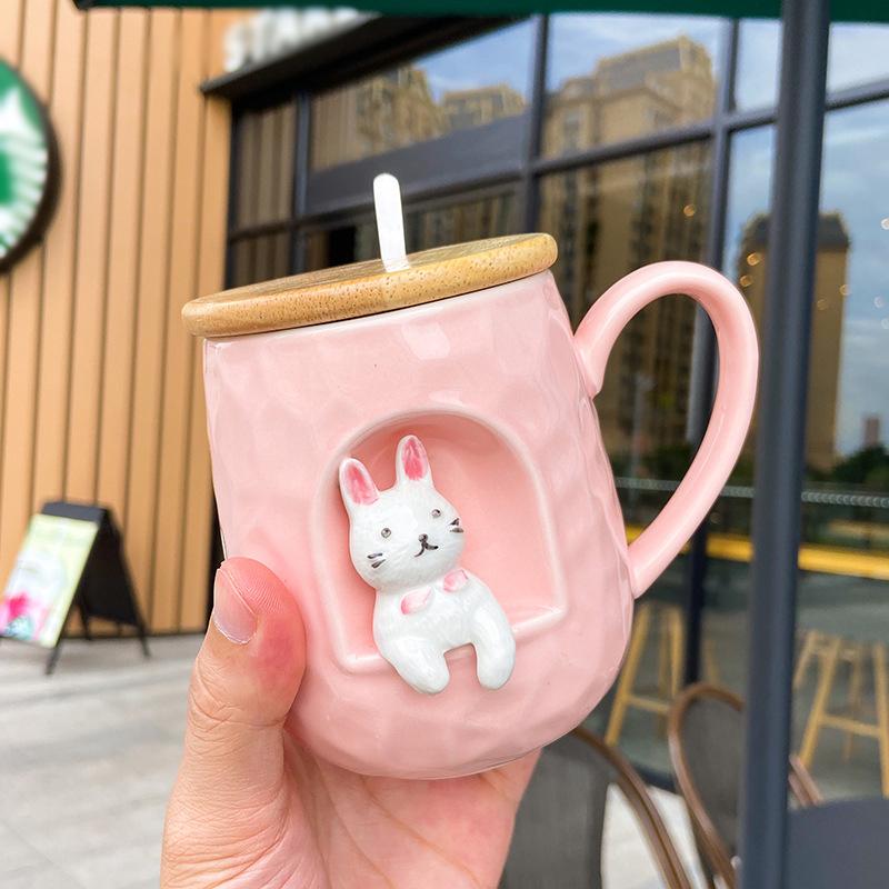 3D Relief Ceramic Mug with Lid Spoon Personality Coffee Mugs Spoon Animal Firewood Dog Cup Teacup
