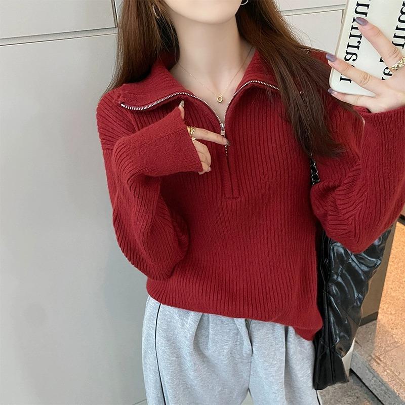 Свитер с полумолнией, женский свободный свитер, новинка, верхняя одежда на весну и осень, топ с лацканами, женская одежда