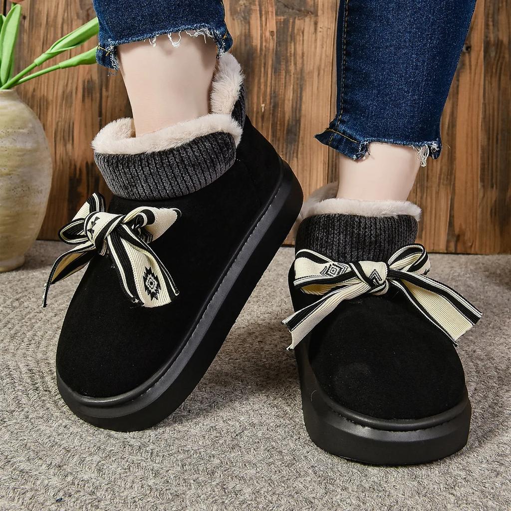 Fashion Snow Boots Women 2024 Winter New Bow Wrap with Cotton Shoes Warm Plus Fleece Flat Woolen Cotton Shoes