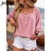 BITCED Women's Fashion Casual Solid Color Print Long Sleeve Square Collar  Blouses & Shirts