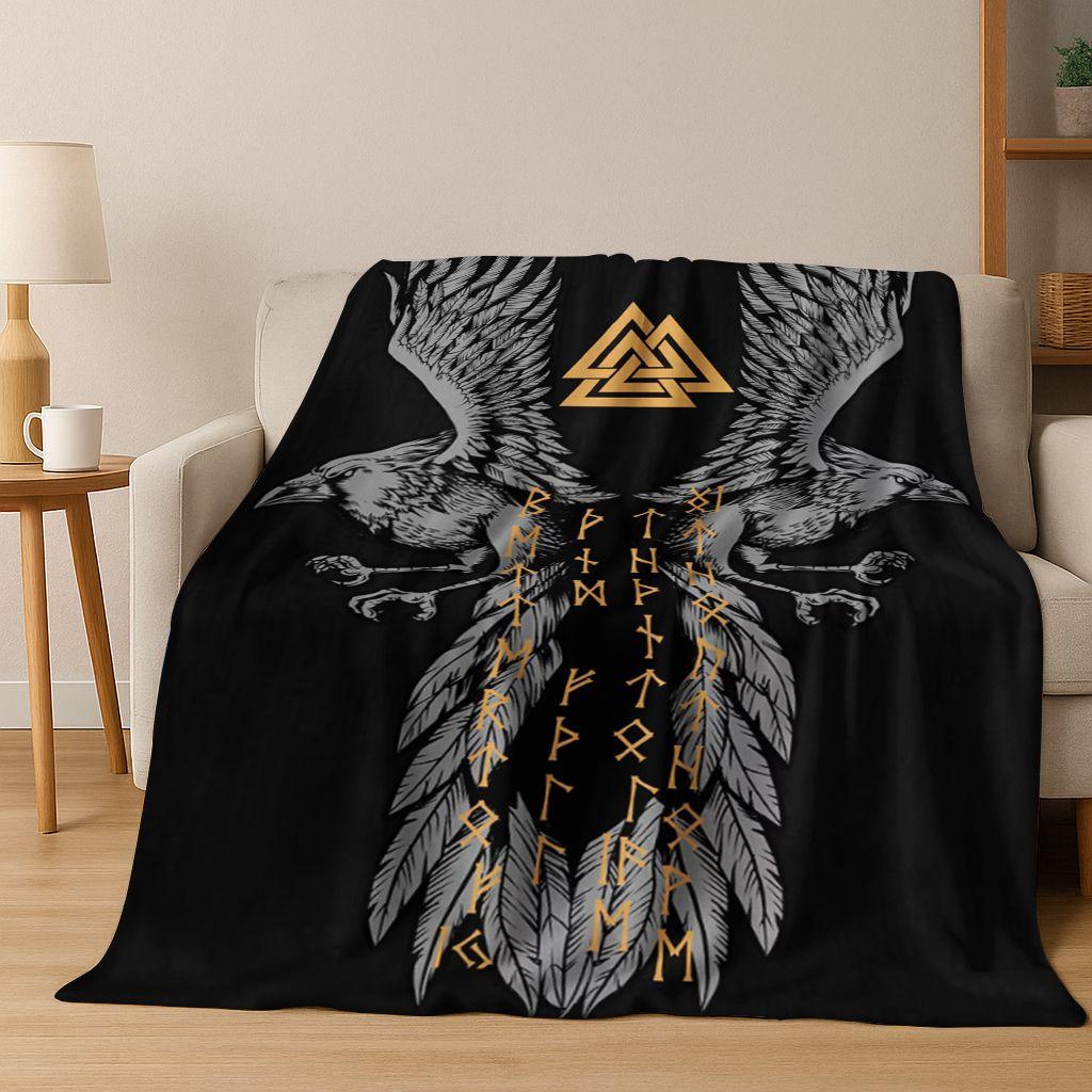 3D Viking Oding Raven Crow Skull Huginn Muninn Norse Flannel Blanket,Warm and Cozy Soft Throw Blanket for Home Bedroom Bed Sofa