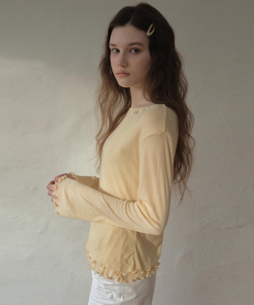 Aueonoseuteljia Футболка с пуговицами, вырезом-лодочкой и волнами_Светло-желтый(O25-Tp20)