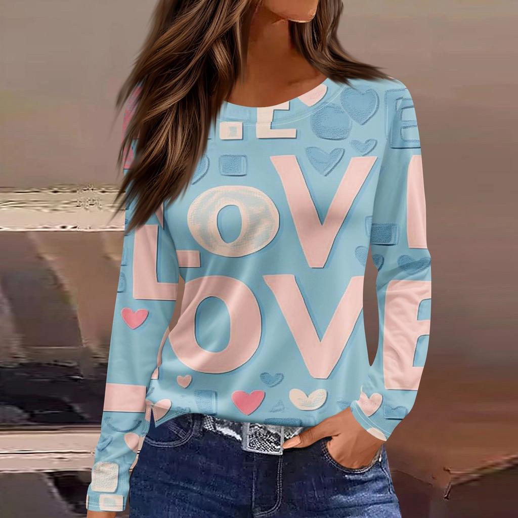 Women's Fashion Valentine's Day Printed Round Neck Casual Long Sleeve Top