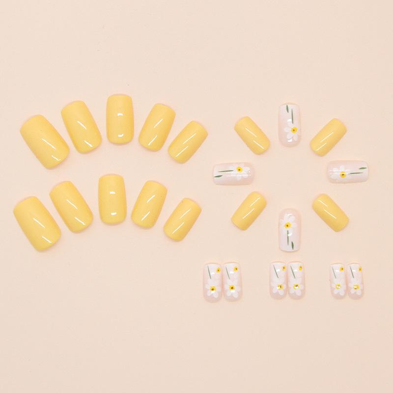 24 шт. простых желтых накладных ногтей, весенние и летние съемные элементы для дизайна ногтей, маленькие цветы, свежие европейские и американские элементы для дизайна ногтей