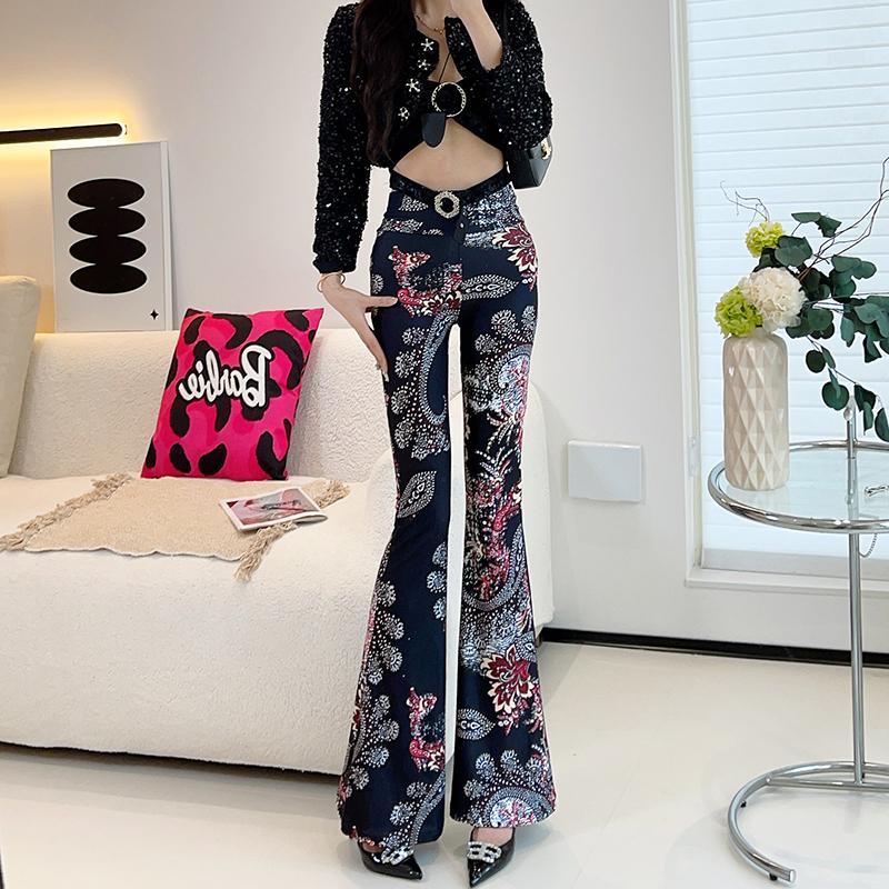 Весенние тонкие женские расклешенные брюки с высокой талией, облегающие брюки, расклешенные брюки с принтом и резинкой