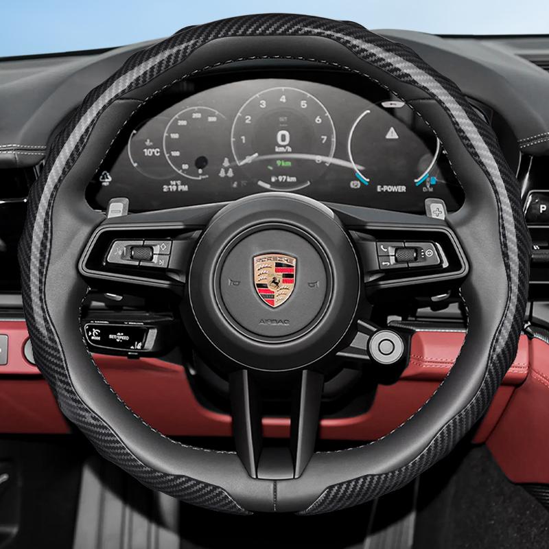 Suitable for Porsche Carbon Fiber Texture Steering Wheel Cover with Snap-On Wave-Shaped Sports Design Protective Shell for Cayenne Taycan Panamera
