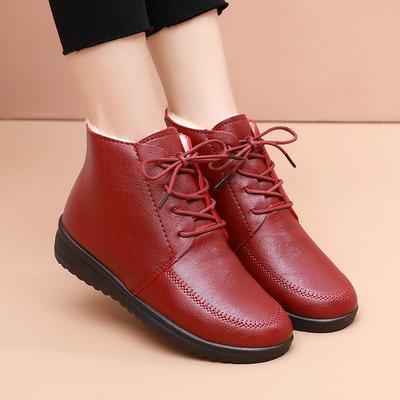 Хлопковая обувь женская зимняя на шнуровке кожаная обувь теплая и бархатная средней и пожилой возраст короткие ботинки пожилые люди нескользящая мягкая подошва рабочая обувь