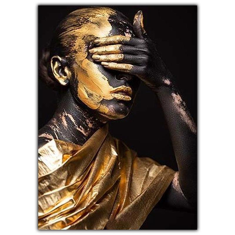 Gold Necklace African Woman Canvas Painting Figure Art Posters and Prints Black Women Wall Art Pictures for Living Room Decor