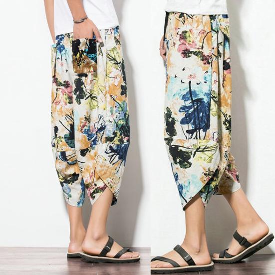 Штаны-алладины с завышенной талией, эластичный пояс на шнурке, карманы, укороченные, этнический стиль, ретро-принт