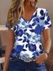 2025 New Summer Women's Floral Print T-shirt V-neck Short Sleeve Street Casual Daily Basic Tops Women's Summer Pullover