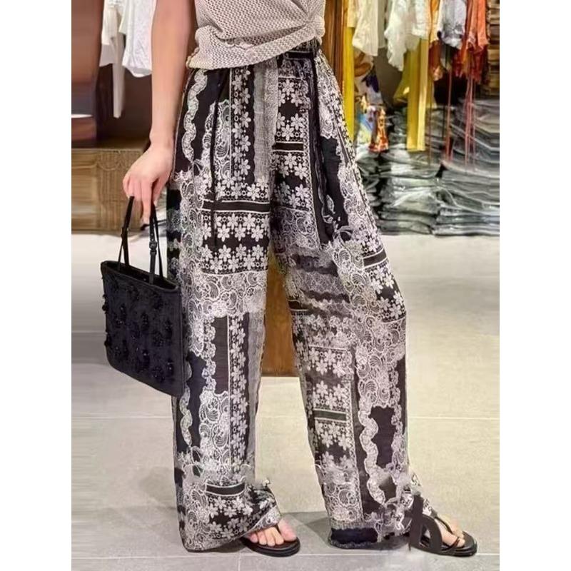 Blue and White Porcelain Retro Style Printed Pants Lazy Wind Loose Pendant Casual Pants Versatile Meat Covering and Thin Floor Pants