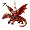Xmas Tree Hanging Accessory Santa Claus Dragon Rider Christmas Ornament, 2D Acrylic Red Door Window Decor with Flying Decorations for Home Parties