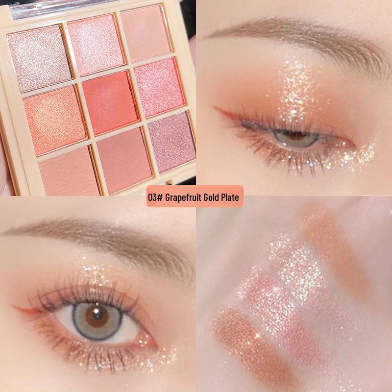 9-Color Earth Tone Eyeshadow Palette: High-Gloss, Fine Glitter, Pearlescent, Matte Finishes with a Nine-Square Grid.